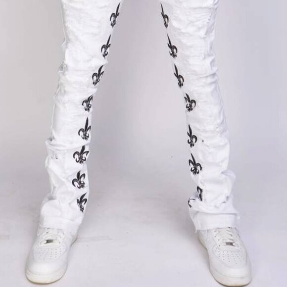NEW POLITICS JEANS Men's Pant White Barkley Stacked Embroidery 5 Pocket Size 40 - Picture 2 of 13